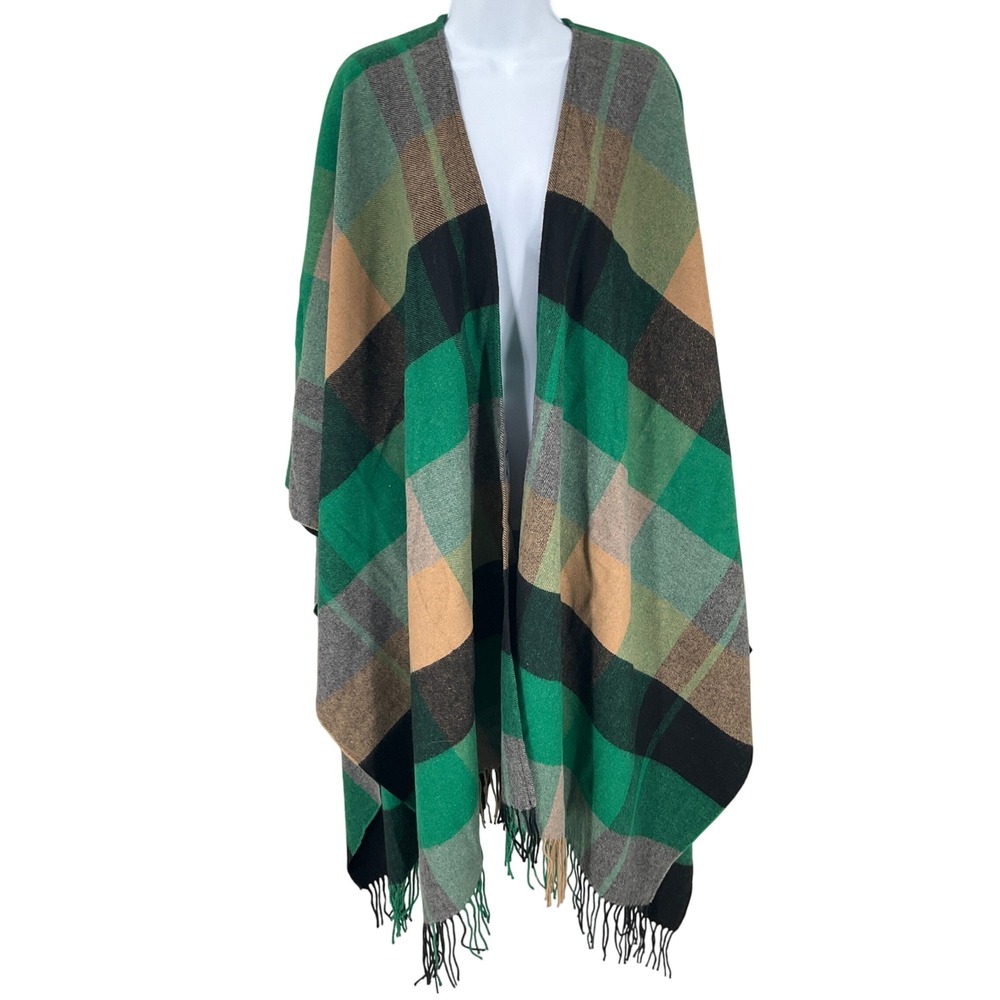 Zara Poncho Wrap Womens M Green Wool Blend Plaid Fringe Oversized Cape NEW‎